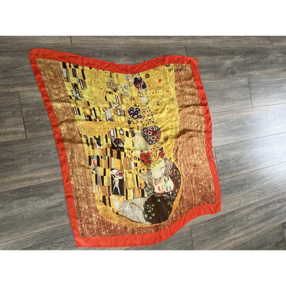 Vintage Hand Rolled Silk Gustav Klimt Scarf The Kiss Artsy Colorful 34x34 - Picture 3 of 5